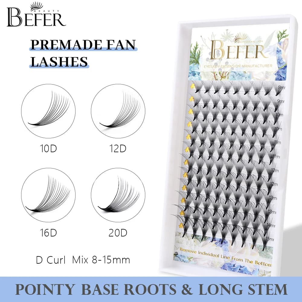 Befer Ventole di volume preconfezionate Estensione ciglia 10D/12D/16D/20D Stelo lungo affilato Base appuntita 8-15mm Forniture per estensione ciglia Flase