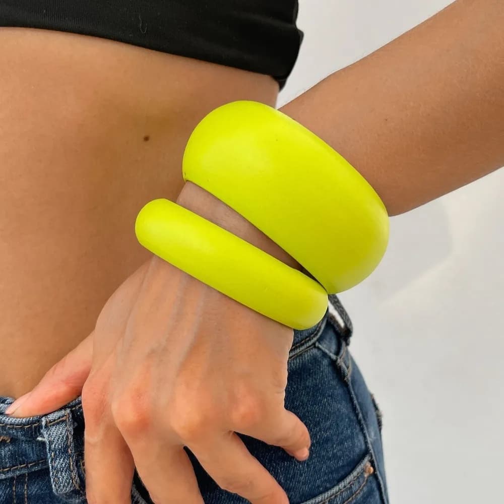 Bracciali Vintage Verde Fluorescente da Donna, Bracciali Larghi Hip Hop Esagerati, Gioielli Geometrici in Legno, Anelli da Mano da Donna