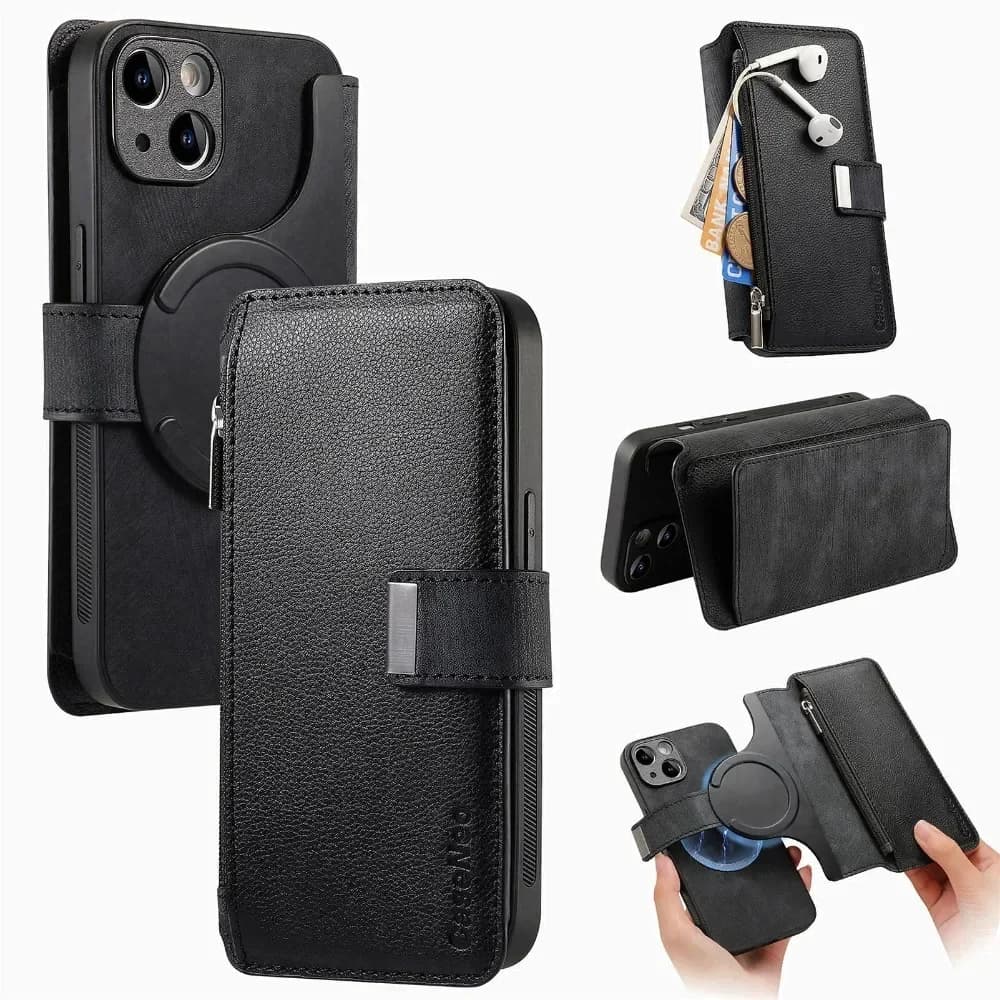 Solt wallet phone case with removable zipper 2 in 1 for iPhone 17 16 15 14 Plus 13 12 11 Pro XS Max XR 7 8 Plus Leather cover