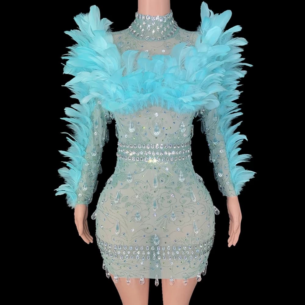 Abito Corto con Strass Scintillanti e Piume, Sexy in Rete Trasparente, per Serate, Compleanni, Spettacoli e Abbigliamento da Palcoscenico