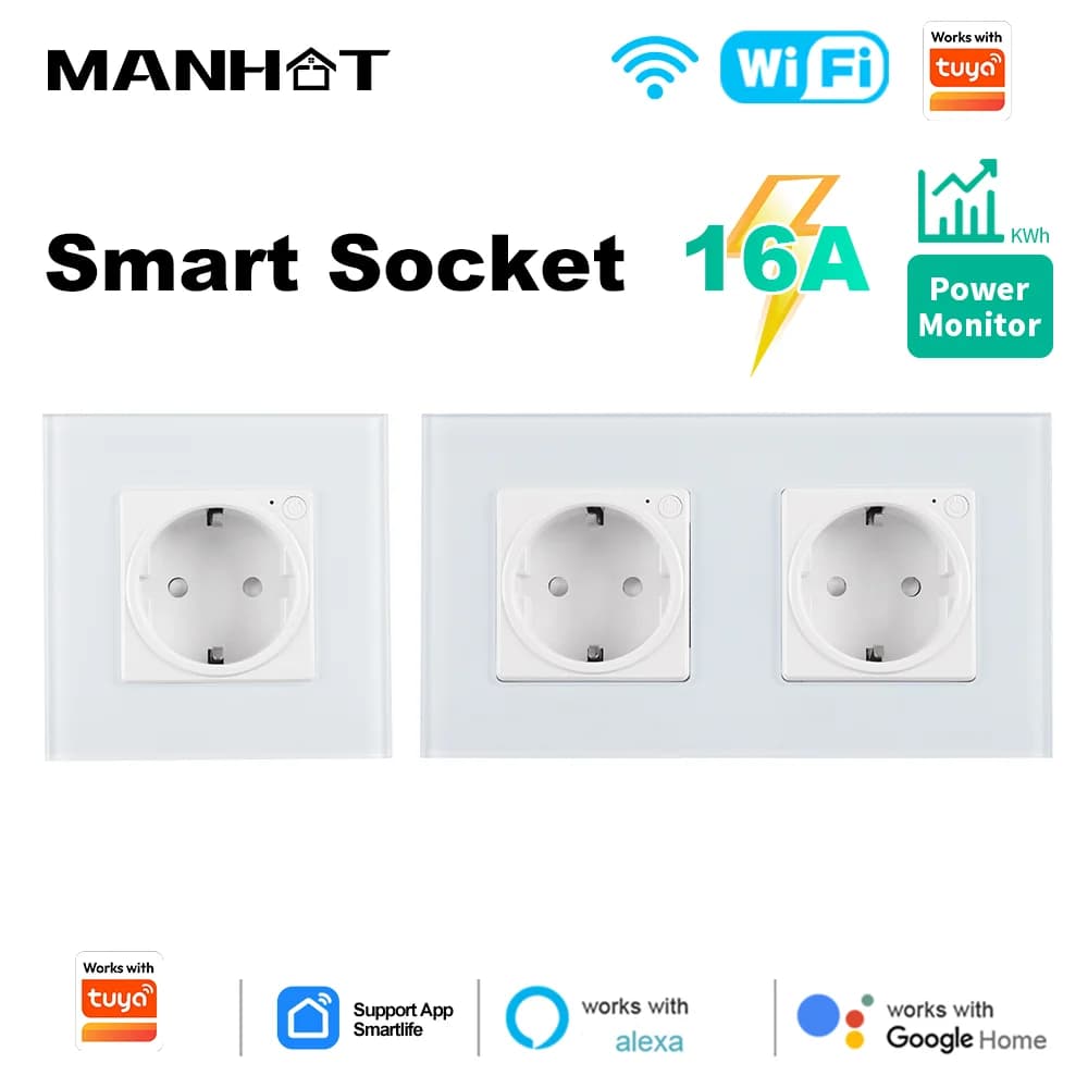 16A Tuya Wifi Smart Doppia presa UE con funzione di monitoraggio dell'alimentazione App Smart Life Presa di controllo remoto Funziona con Alexa Google Home