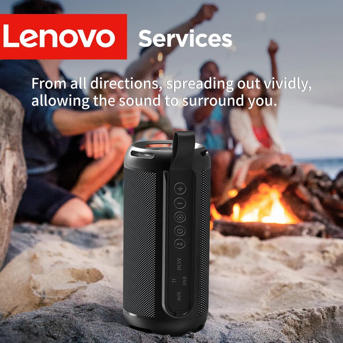 Lenovo D02 Wireless Speaker Portable with Cordino, 360 ° Bluetooth 5.1 Speaker with Surround Sound and Powerful Subwoofer, Music Reader