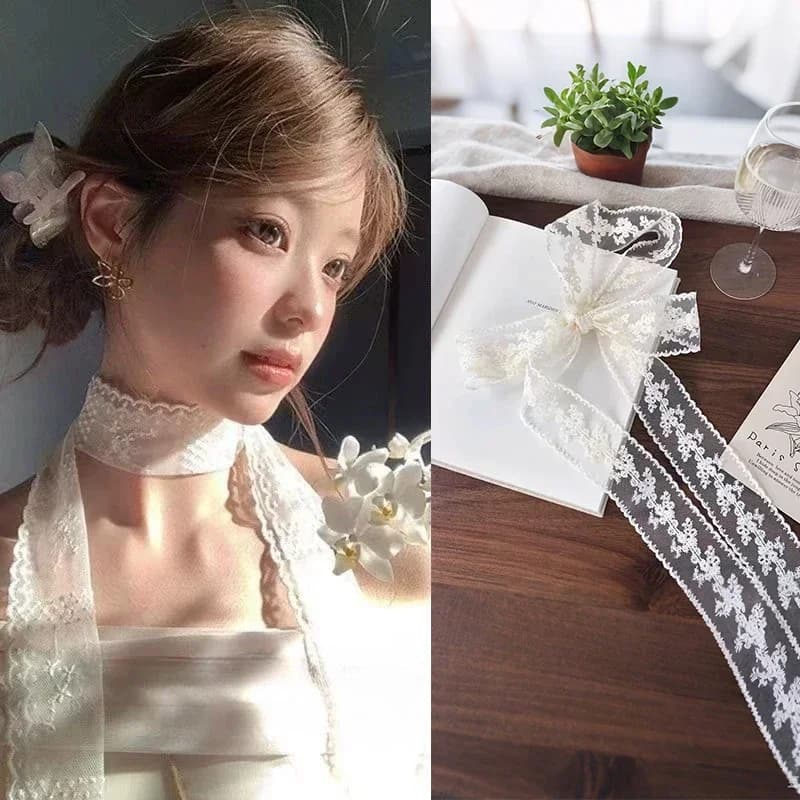 Sciarpa lunga da donna in pizzo floreale Fasce per capelli Girocollo Y2K Sciarpa decorativa Moda Fazzoletto da collo in tinta unita Cravatta floreale coreana per capelli