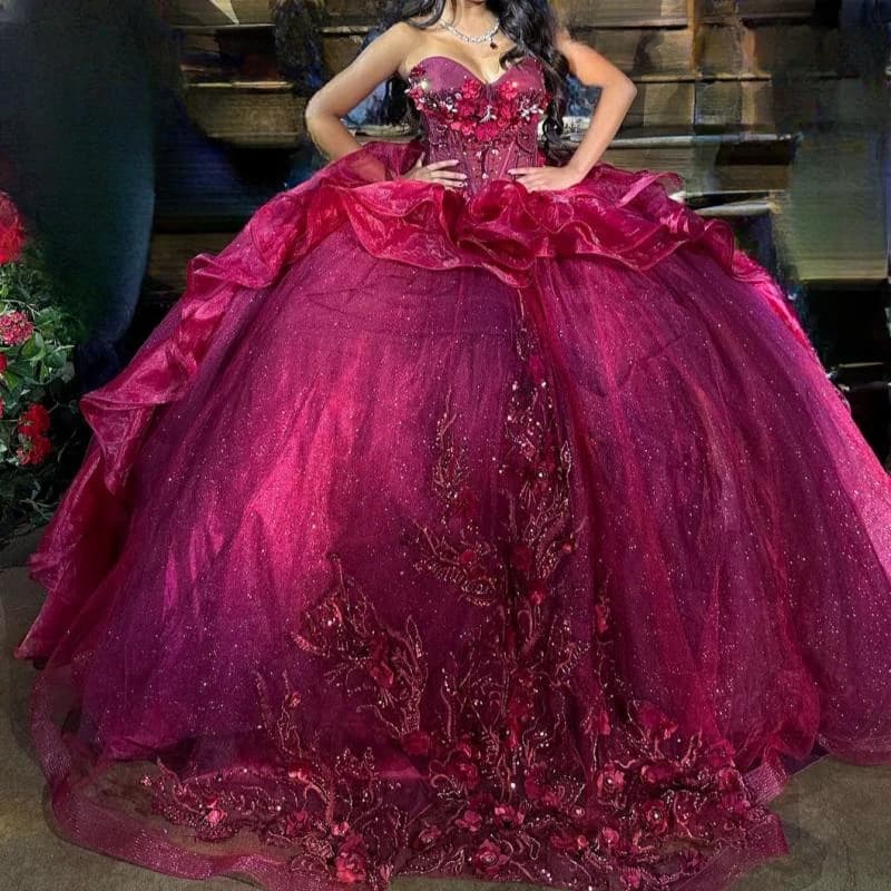 Abiti stile Quinceanera fucsia Abito da ballo con spalle scoperte Appliques Perline di pizzo Tull di cristallo Abito da festa di compleanno Dolce 16 Abiti