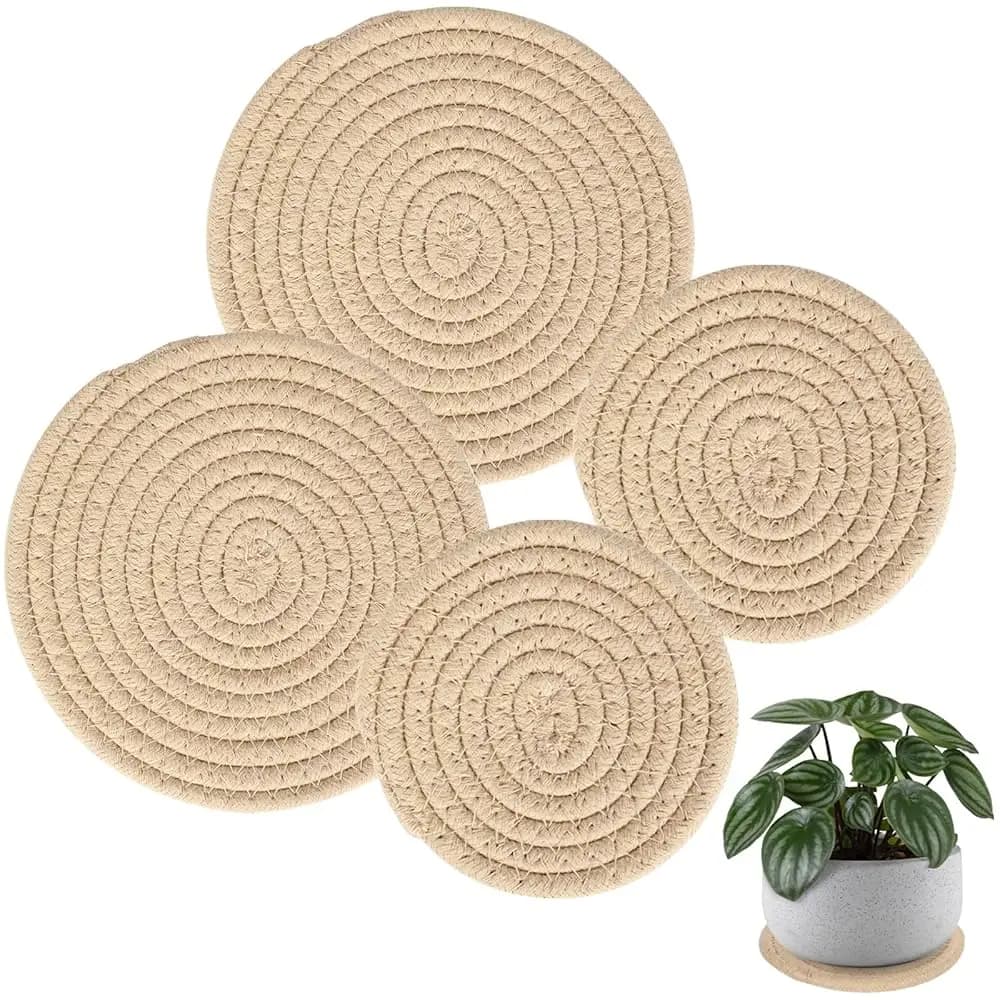 Set di 4 Sottovasi per Piante da 4 e 7 Pollici, Sottovasi Intrecciati per Giardinaggio, Vasi da Interno ed Esterno (Kaki)