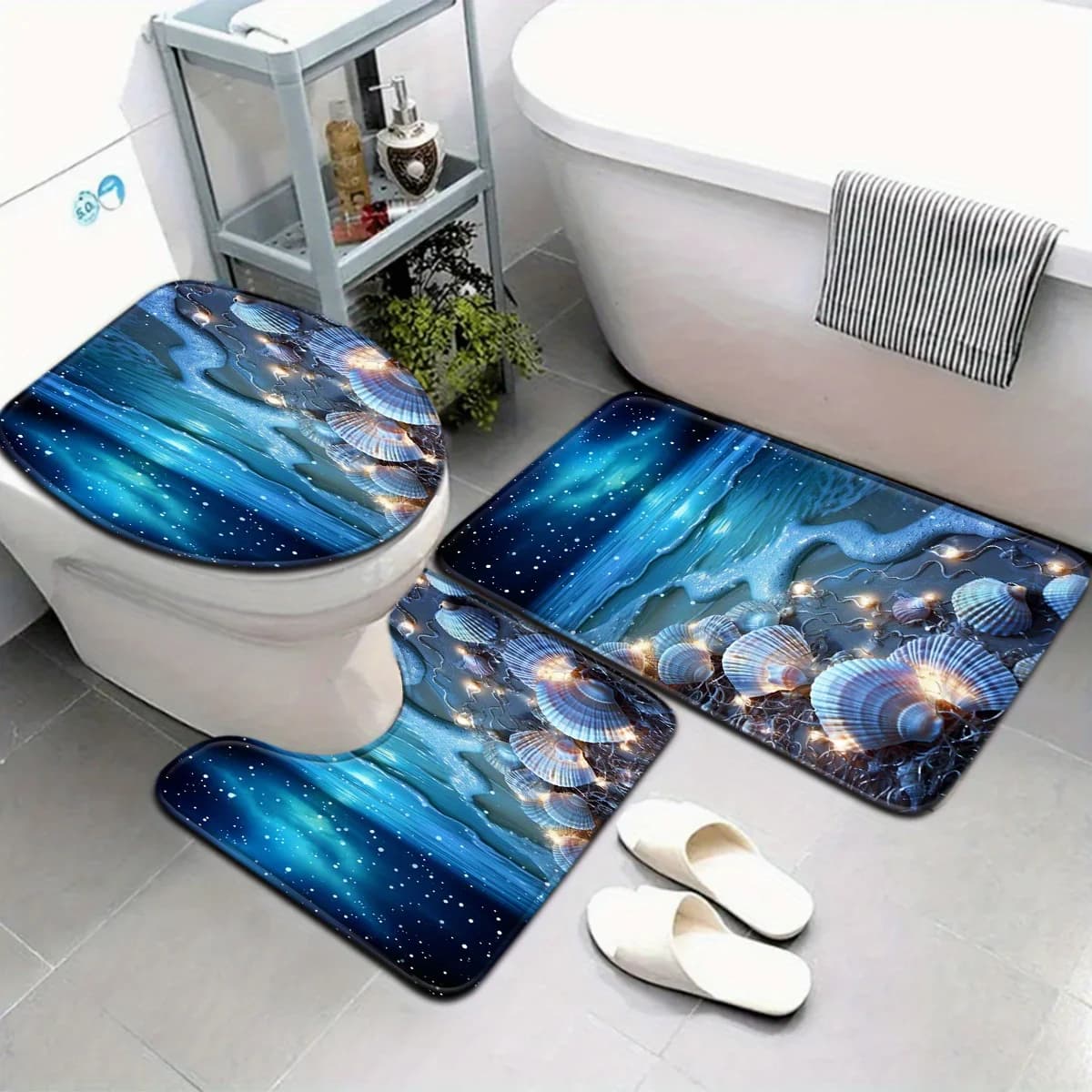 Set di 3 Tappetini da Bagno Luminosi a Tema Conchiglie e Oceano, Antiscivolo e Morbidi, per WC, Lavabo, Vasca e Arredamento Casa