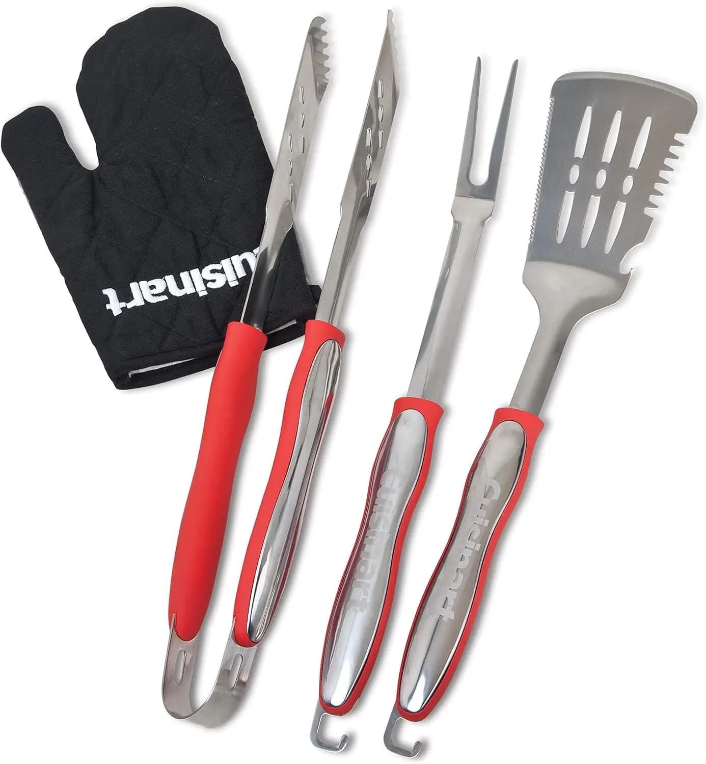 Set di 3 Utensili per Grigliare con Guanto Resistente al Calore, Rosso - Perfetto per BBQ e Cucina all'Aperto