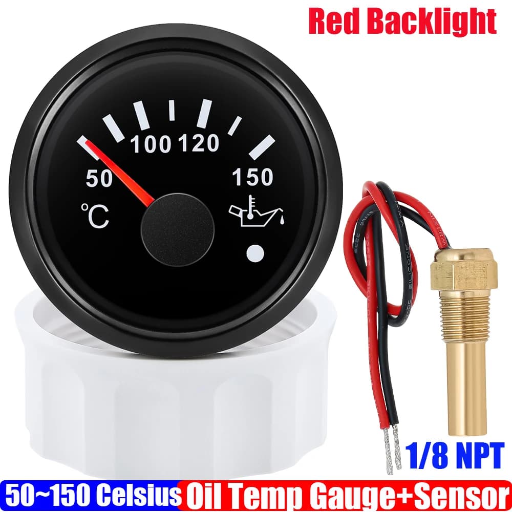Indicatore temperatura olio da 2" 52 mm per barca per auto con luce rossa di avvertimento 50~150 ℃ Misuratore temperatura olio + sensore 1/8NPT M14X1.5 DC12V 24V personalizzato
