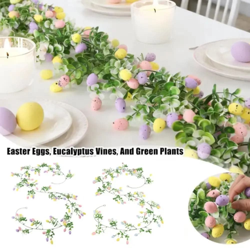 Ghirlanda di Pasqua con Uova Artificiali, Design Colorato, Foglie di Eucalipto, Decorazione da Parete, Lunga Pianta Verde