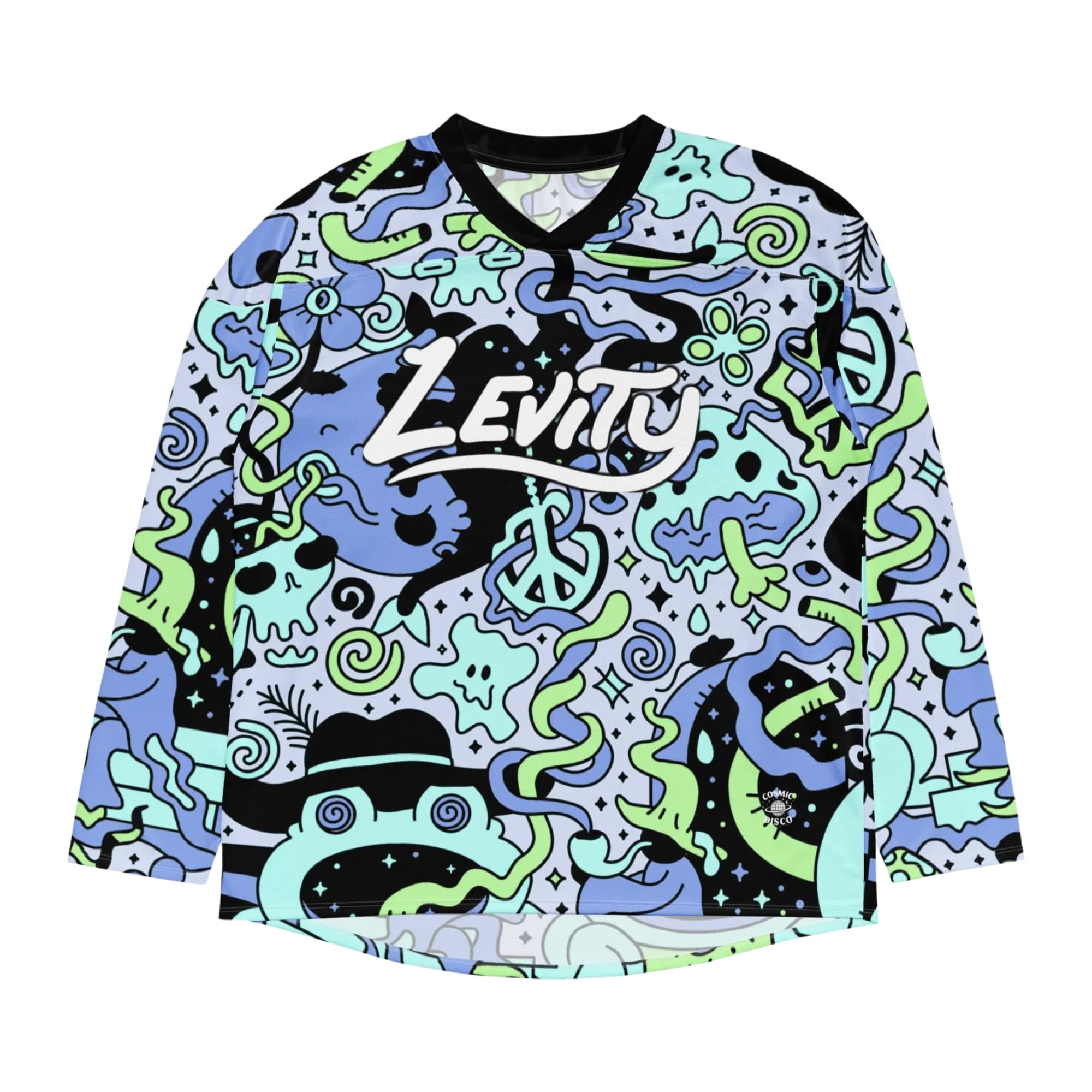 Trippy Cartoon Graffiti Full Print Men's Ice Hockey Jersey LEVITY LASERSHIP No.9 Unisex V Neck Long Sleeve Streetwear T-Shirt