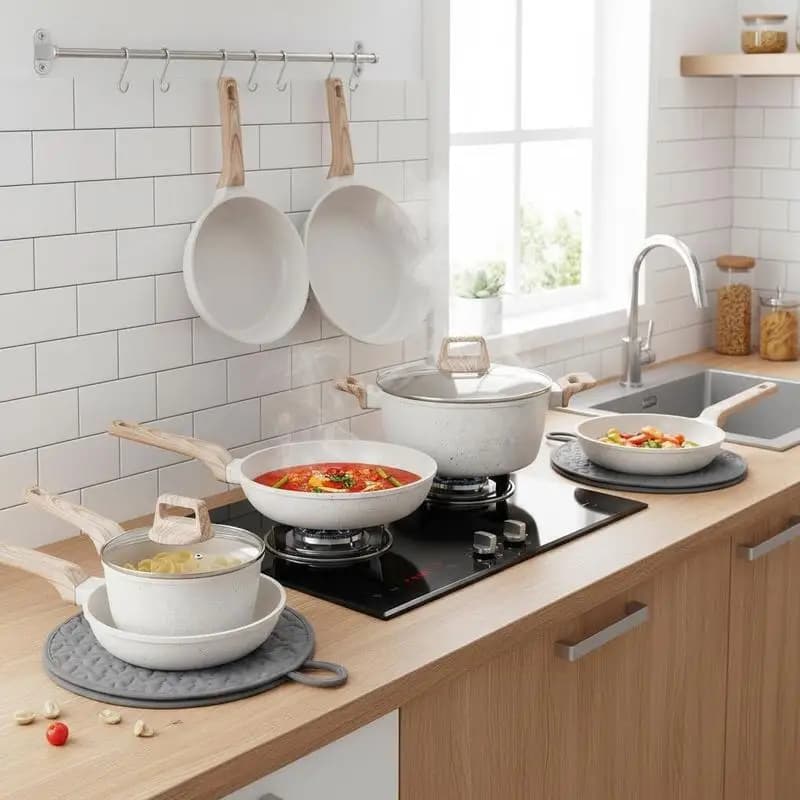 Set di pentole e padelle da 17 pezzi, set di pentole antiaderenti in granito, pentole per induzione, set da cucina per camper con padelle per friggere, pentole per salse, pentole per soffritti, coperchi in vetro temperato e protezioni per pentole, bianco