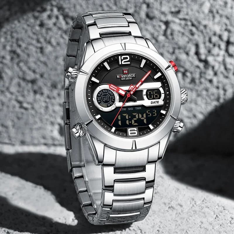 NAVIFORCE Luminous Quartz Analog LCD Digital Men's Watch Water Resistant Men's Wrist Watch with Work Stainless Steel Strap
