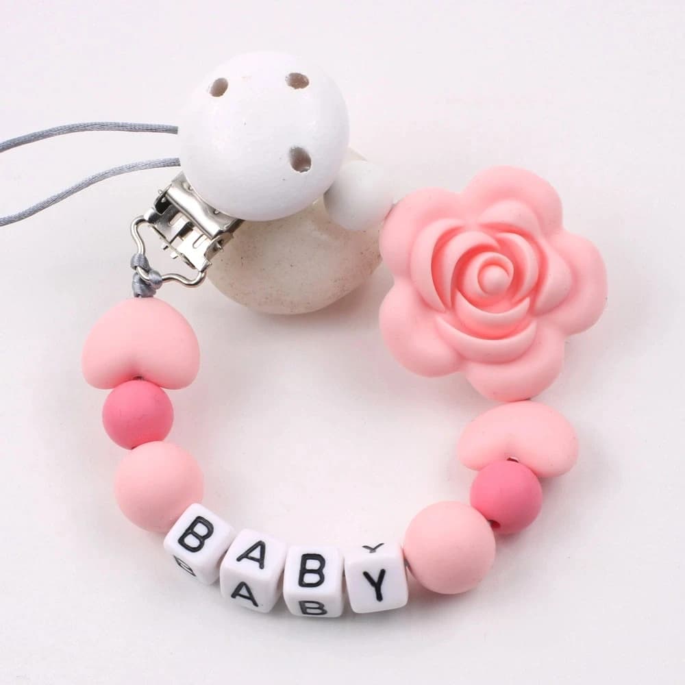 Porta clip per ciuccio per bambini Catene per ciuccio in silicone con fiore di rosa Catena per dentizione per massaggiagengive per bambini
