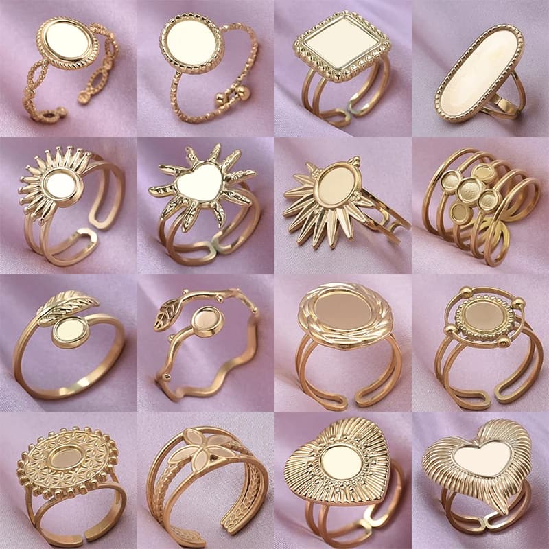 Anello regolabile aperto con base solare a forma di cuore con foglia quadrata ovale Anelli in acciaio inossidabile con goccia d'olio con strass fai-da-te per donna Uomo Gioielli Bagues
