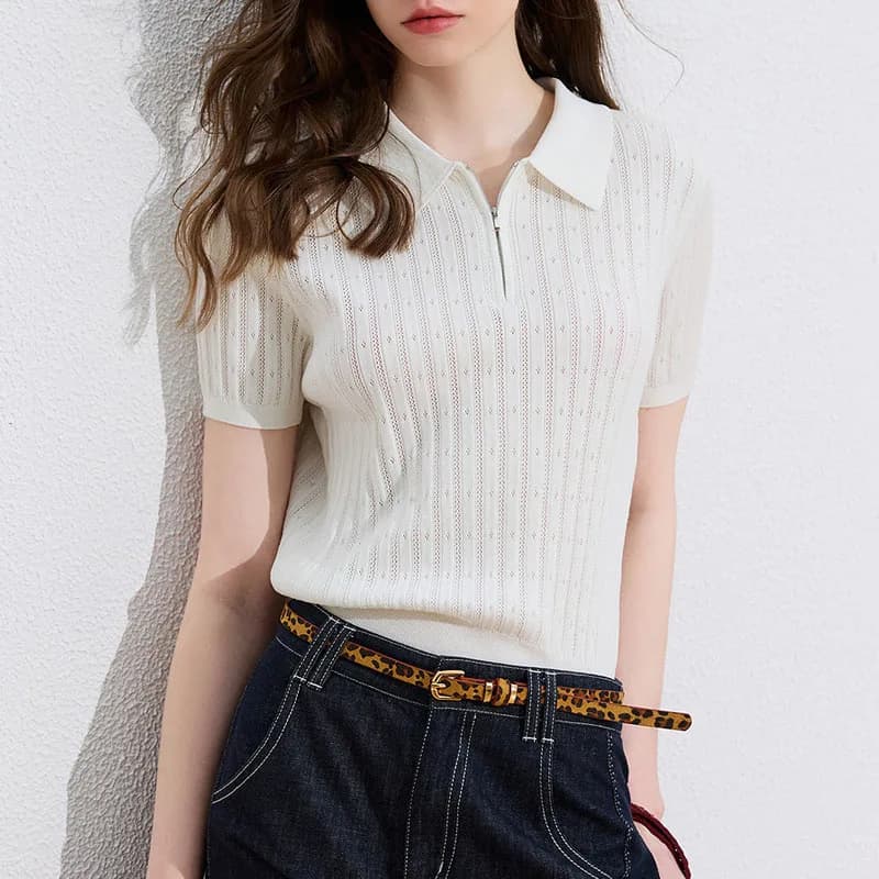 Slim Turn Down Collar Knitted Sweater Women Pullovers New Summer Short Sleeve Hollow Out Knit Sweater Pullover Women Tops Q5560