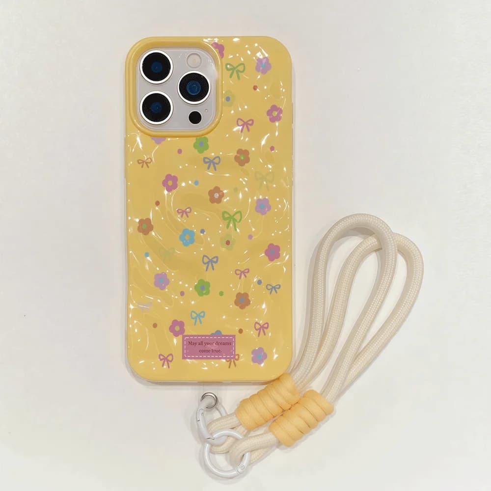 Colorful Flower Bow Print Macaron Lanyard Phone Case For iPhone 17Air 16 15 14 11 Pro Max13 12 Shockproof Wrinkle Texture Cover