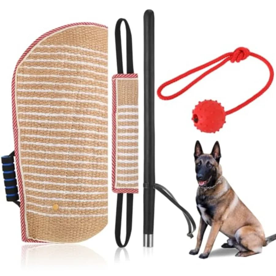4 Pcs Dog Training Set Include Dog Sleeve Pillow Tug Toy Training Stick and Rubber Ball Professional Equipment for Biting Inter
