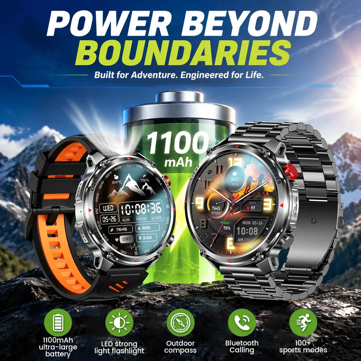 New Men Outdoor Military Smart Watch Built-in 1100mAh Battery IP68 Waterproof LED Flashlight Compass BT Call Sports Smartwatches