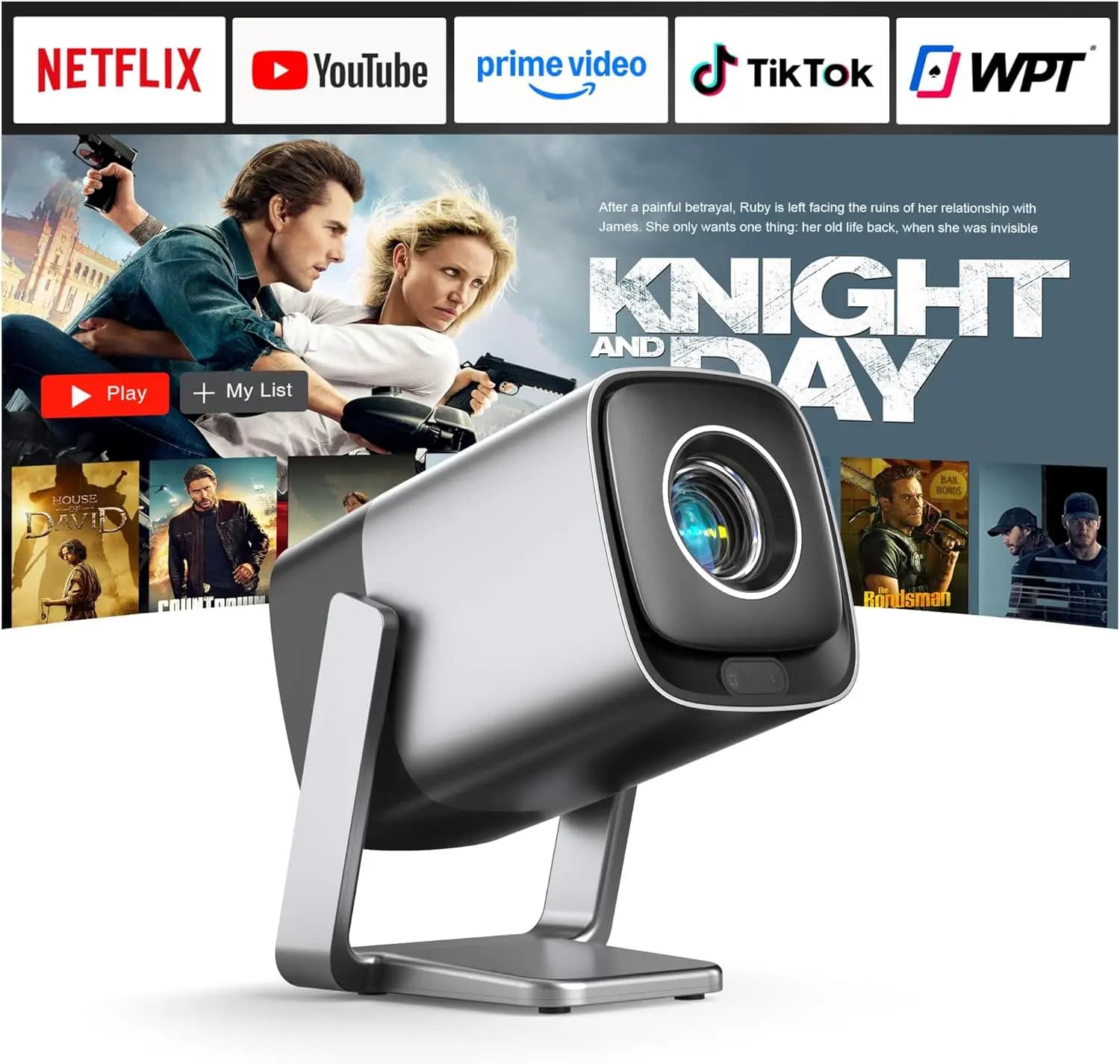 [Compatible with Netflix & TOF Real-time Focus] Mini Projector with WiFi and Bluetooth, Silver Smart Projector 4K Support, Dolby