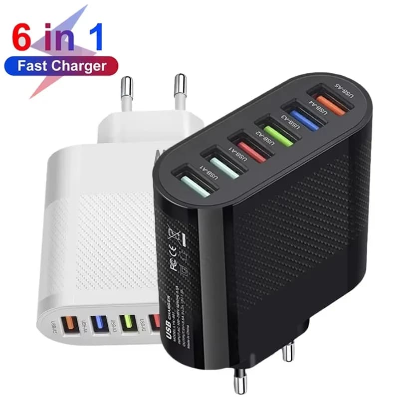 Caricatore USB 48W a 6 porte QC3.0 con ricarica rapida, adattatore di ricarica per cellulare 6 in 1 con spina EU/US, caricatore da parete da viaggio per iPhone e Huawei