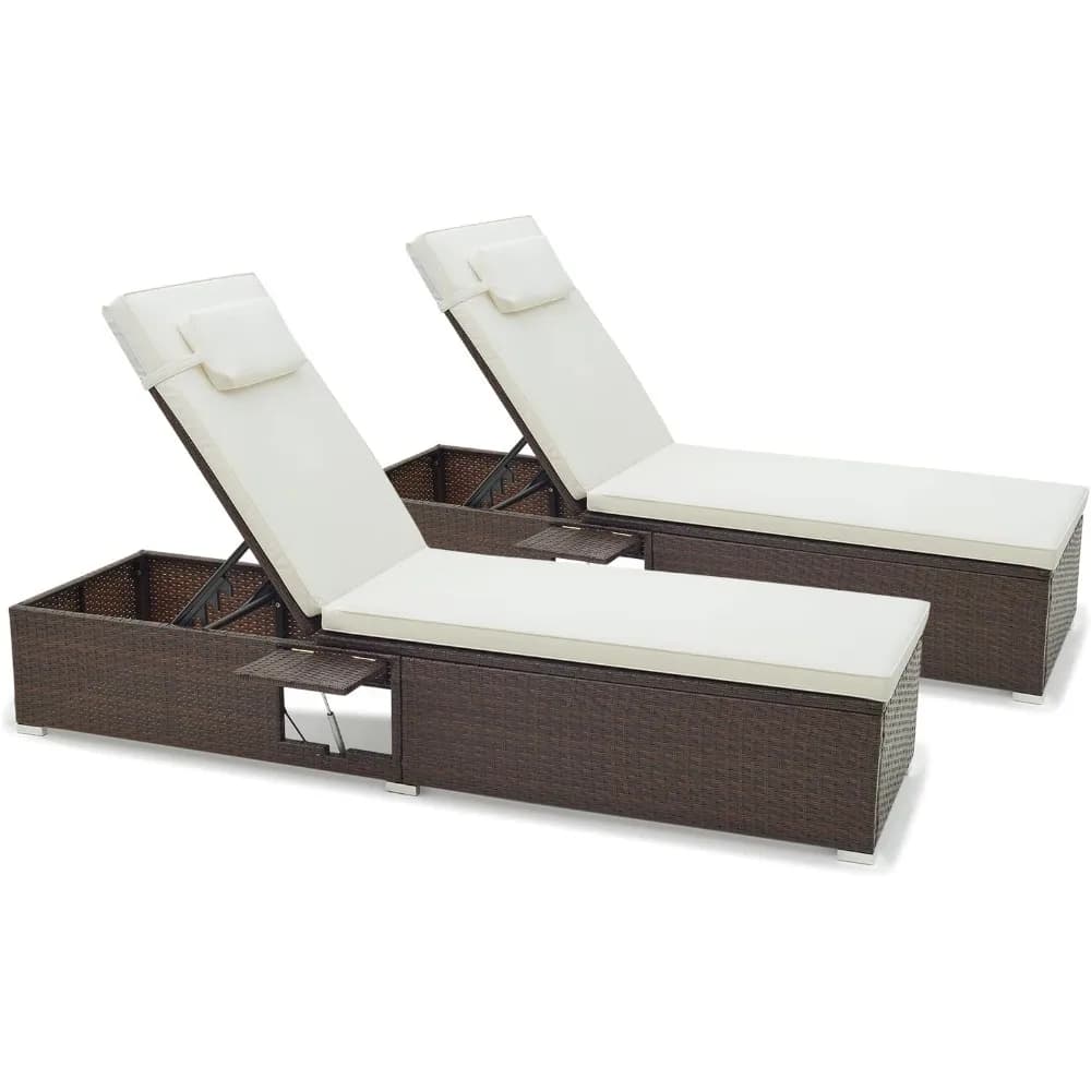 Tangkula Set chaise longue patio for two, wicker chairs with adjustable backrest, padded seats and headrest,