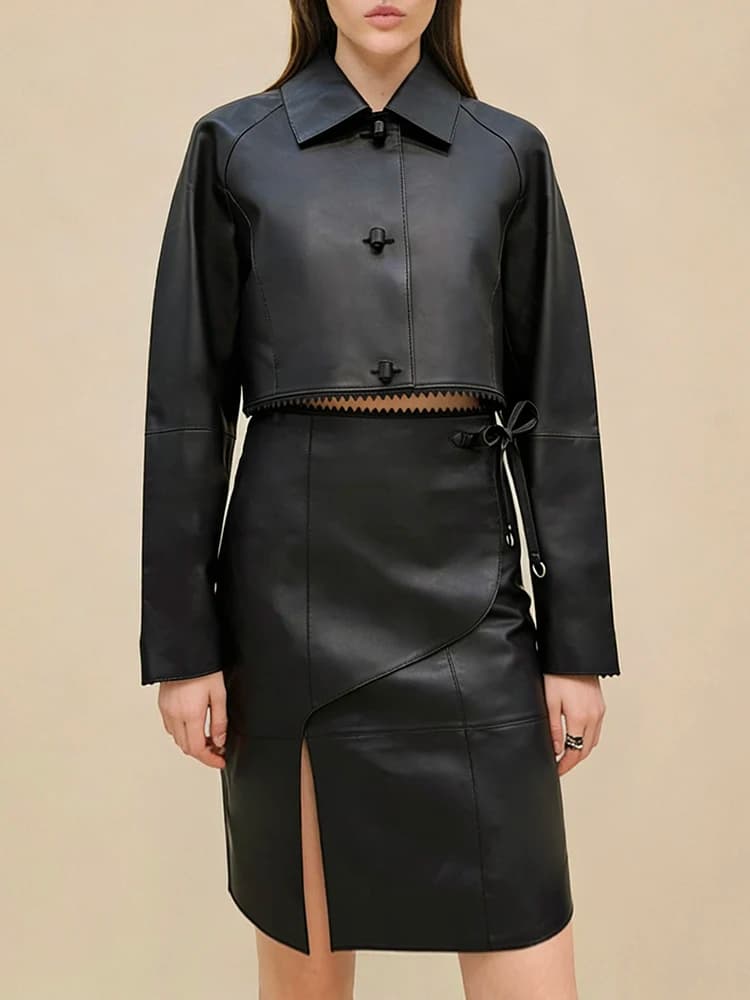 Complete Fashion Spring-Summer: Short Jacket with Rovesito Collection in Black Pecora Leather and High Waist Sheath