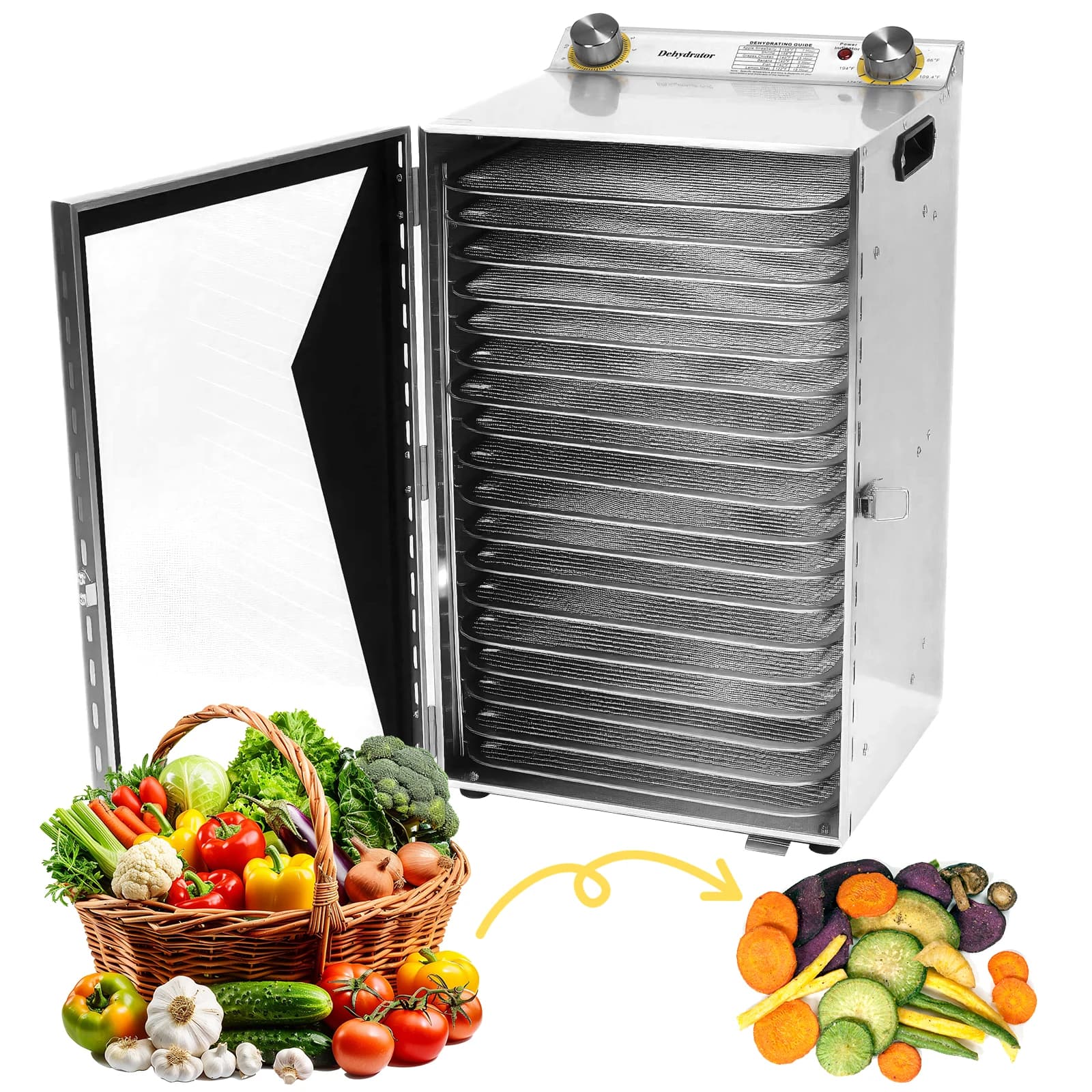 Essiccatore per Alimenti da 800W con 18 Vassoi in Acciaio Inox, Controllo della Temperatura, per Carne Secca, Snack per Cani, Carni e Verdure