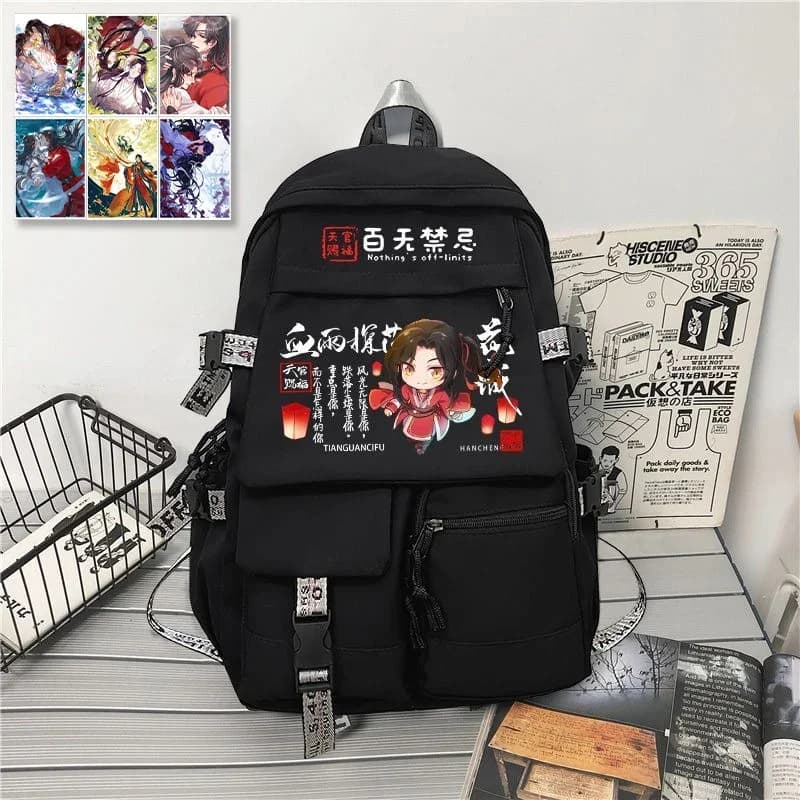 31×45×14 cm Nero Bianco Grigio, Benedizione ufficiale del cielo, Tian Guan Ci Fu, Borse da scuola per bambini e adolescenti, Zaini anime Ragazze Ragazzi