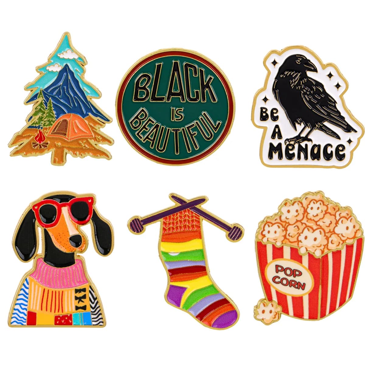 Spille smaltate divertenti e originali con motivi di cane, corvo e lavorazione a maglia, spilla da bavero a tema pop culture per borse, vestiti e accessori