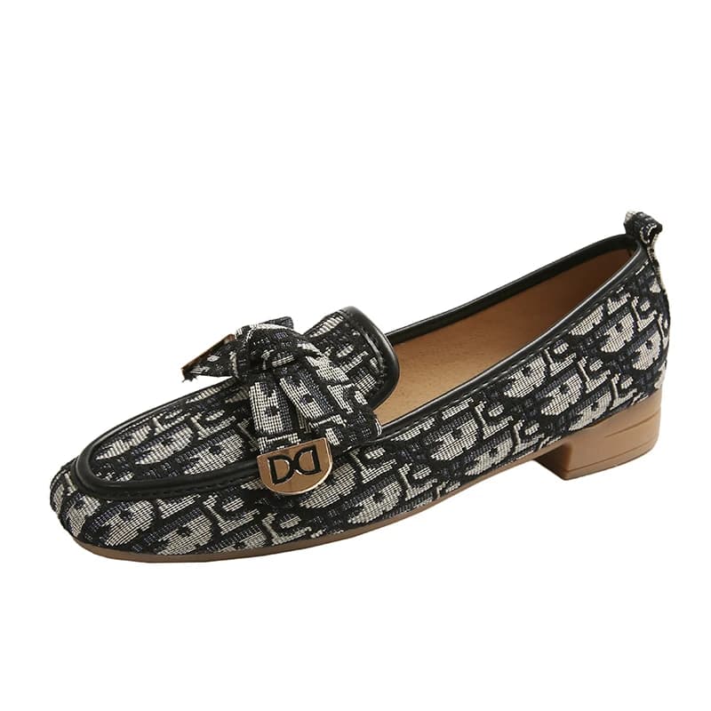 Mocassini da Donna con Stampa Monogramma e Fiocco 2026 Nuovi in Tessuto Jacquard con Tacco Basso Slip-On Eleganti per Ufficio Quotidiano Lusso Moda