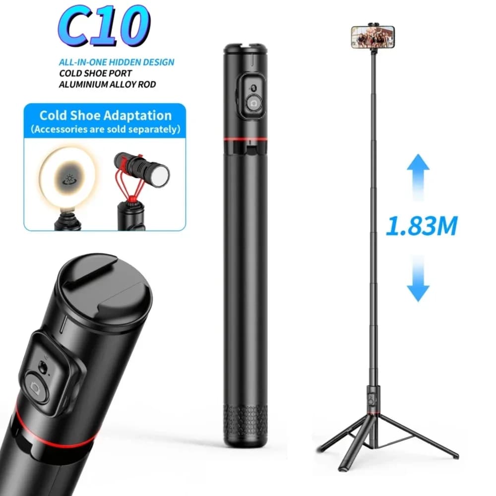 Bastone Selfie Wireless Multifunzione con Treppiede Stabile e Luce, Telecomando Integrato 1,83m per Live Streaming