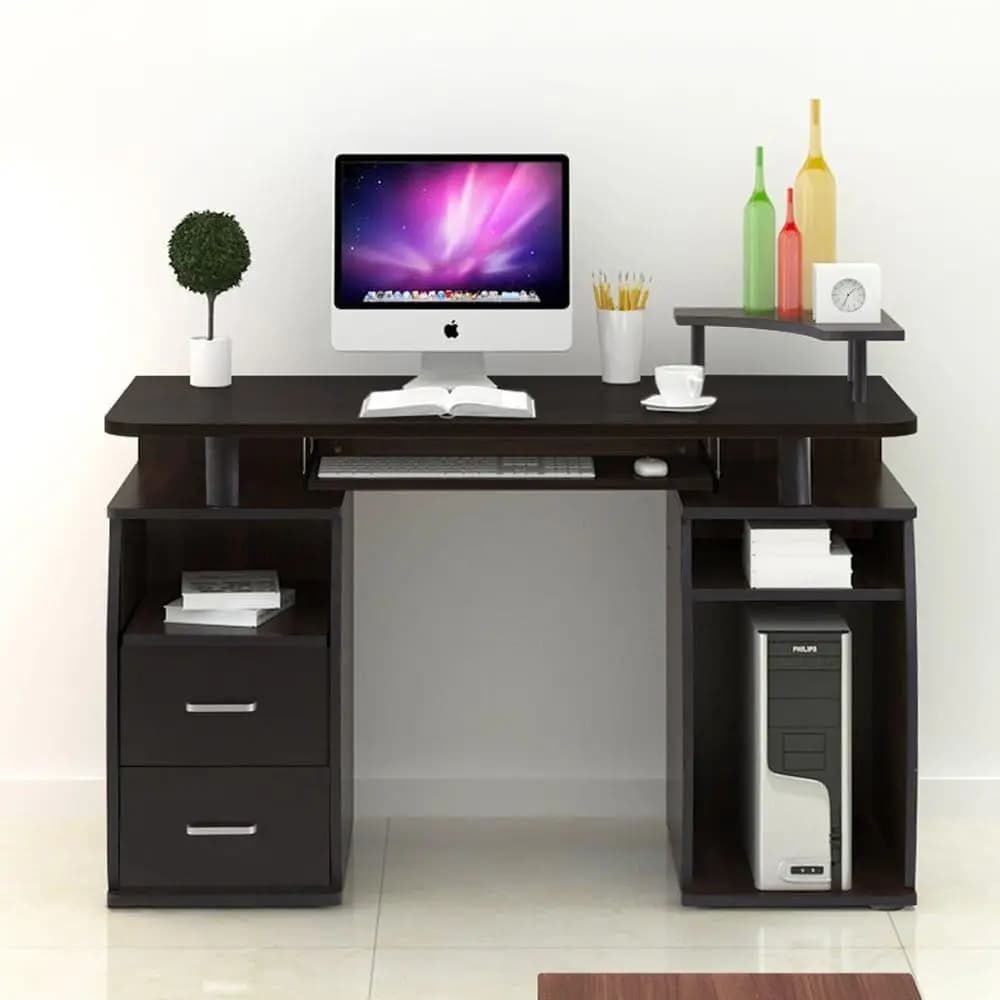 Scrivania Moderna per Laptop con Vano Portaoggetti, Supporto per Tastiera, Supporto per Monitor e Ripiano per Stampante per Ufficio Domestico