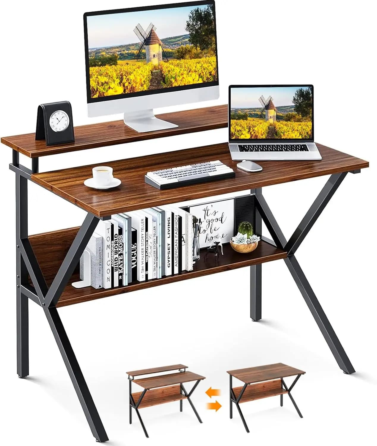 Piccola scrivania da 27,5 pollici per piccoli spazi, scrivania per computer con spazio di archiviazione e supporto per monitor, marrone scuro