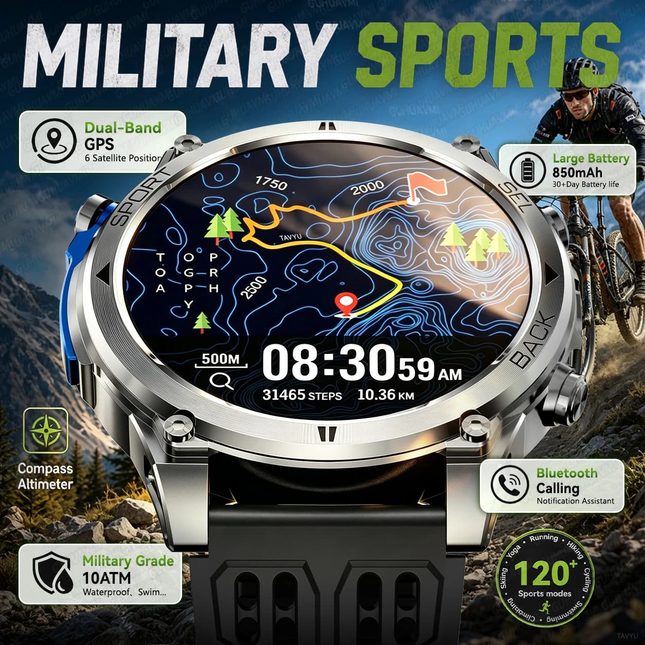 New Military Sports Smart Watch Men Outdoor GPS Flashlight 10ATM Waterproof Bluetooth Call 850mAh Big Battery Fitness Smartwatch