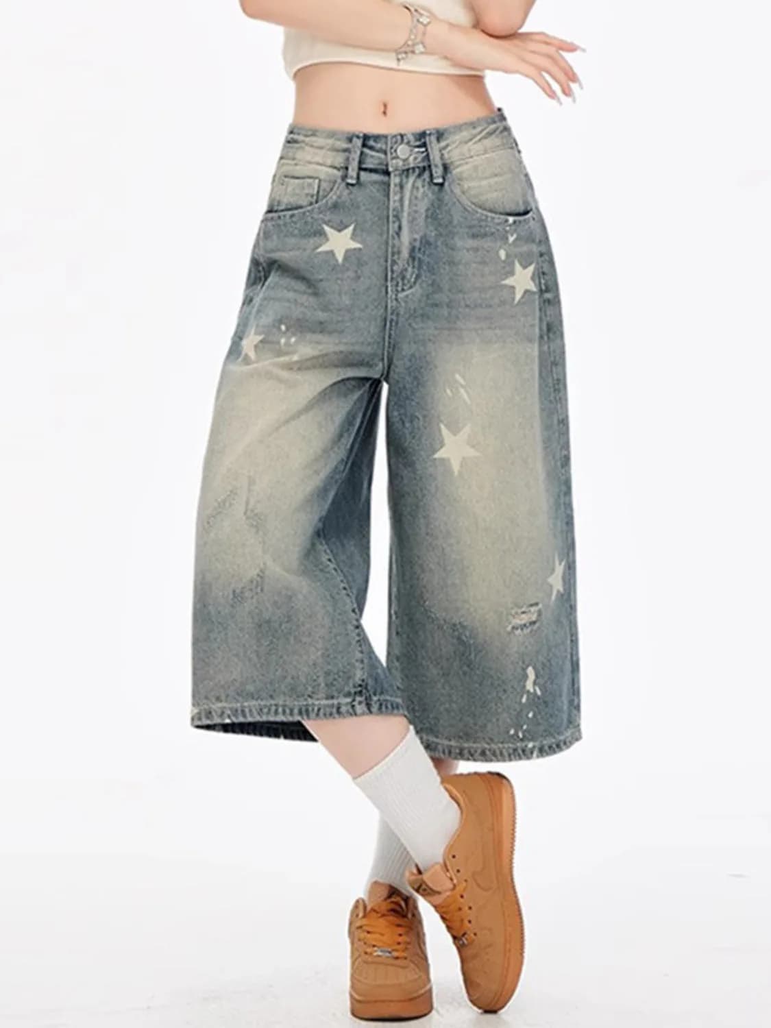 Women's Vintage Washed High Waist Wide Leg Cropped Jeans Star Print Distressed Denim Pants