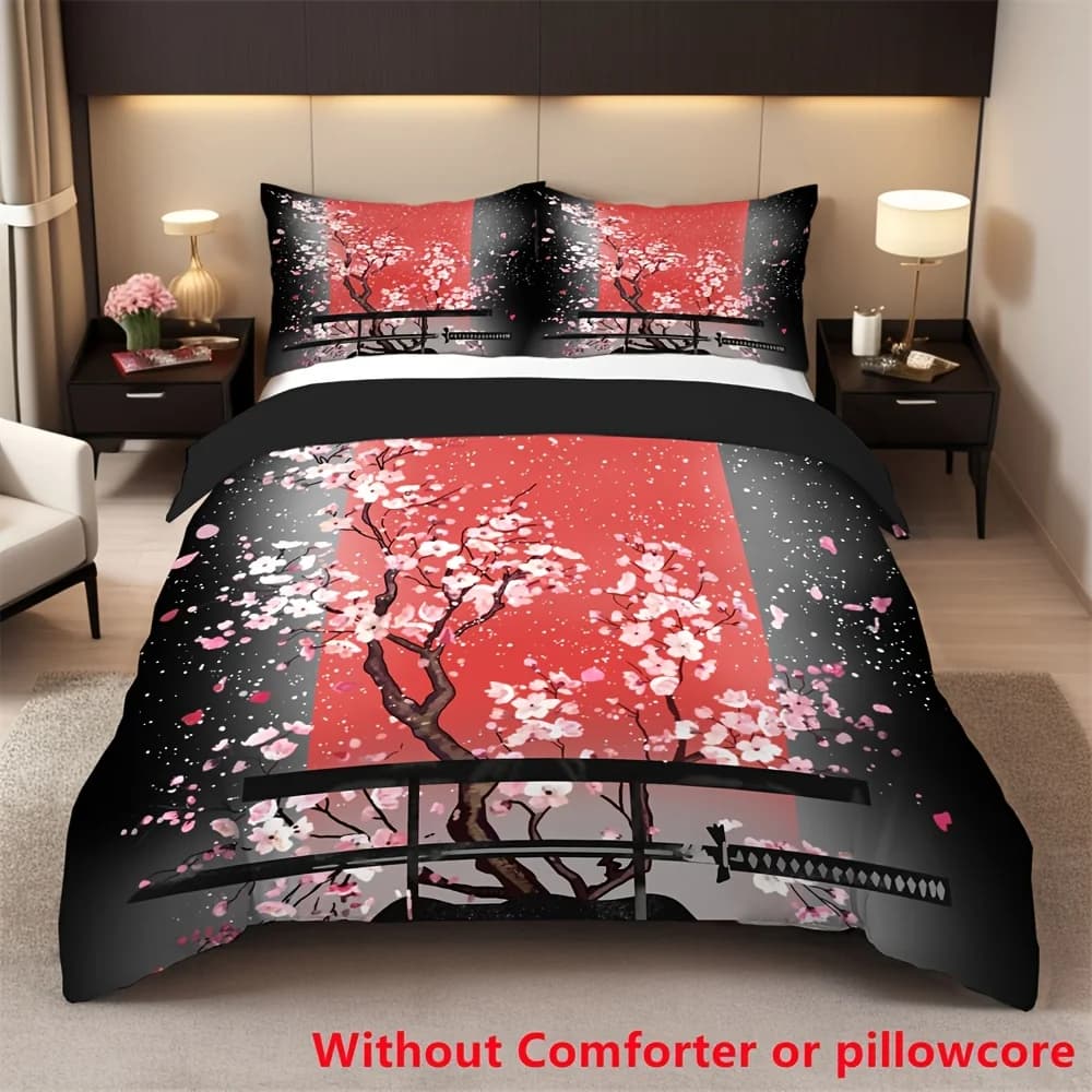 2/3 pezzi giapponese nero bianco inchiostro stile samurai spada rossa Sakura stampa 3D set copripiumino 1 copripiumino 1/2 federa