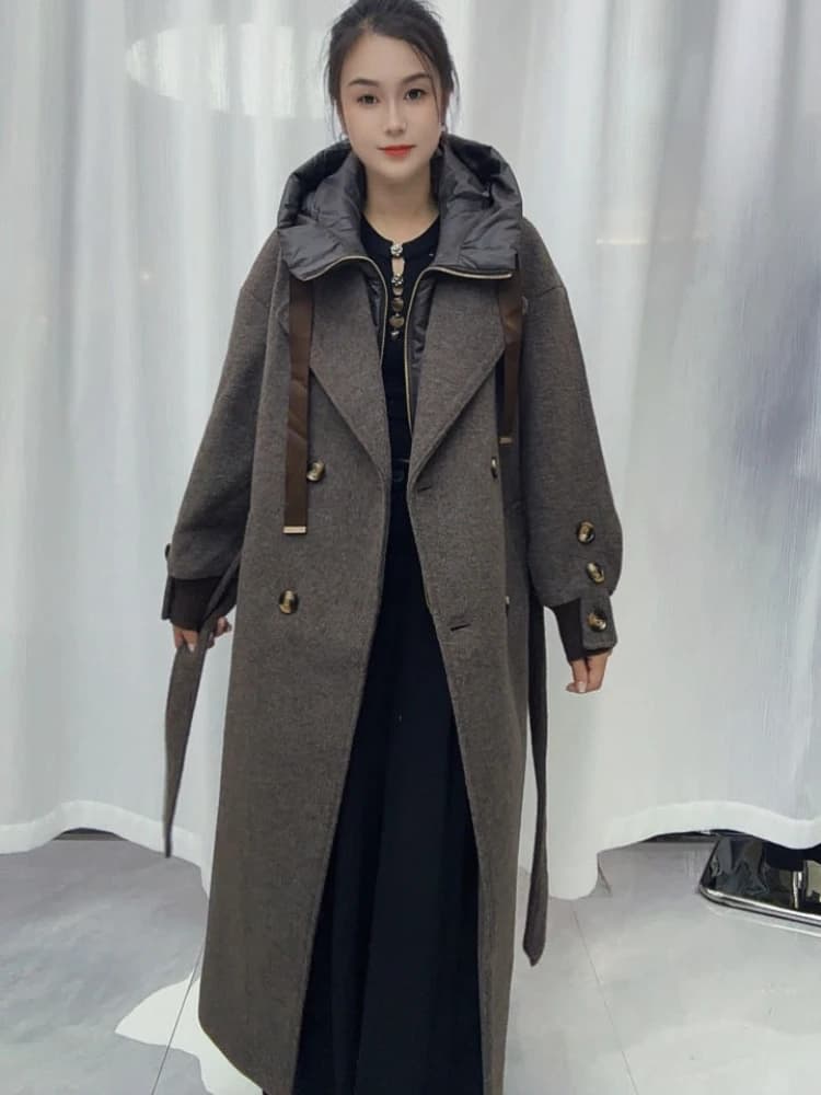 Ladies Outerwear Double Faced Wool Blend Hood Double Breasted Belted Overcoat Warm Minimalist Old Money Style Commuting Winter