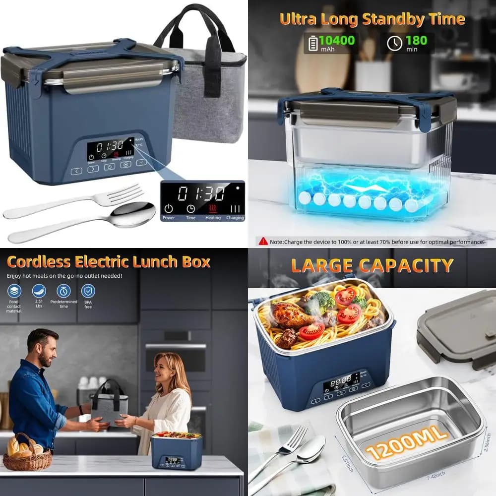 Portapranzo elettrico a batteria da 1,2 litri con riscaldamento automatico alimentato a batteria, senza BPA, ideale per la preparazione dei pasti (blu)