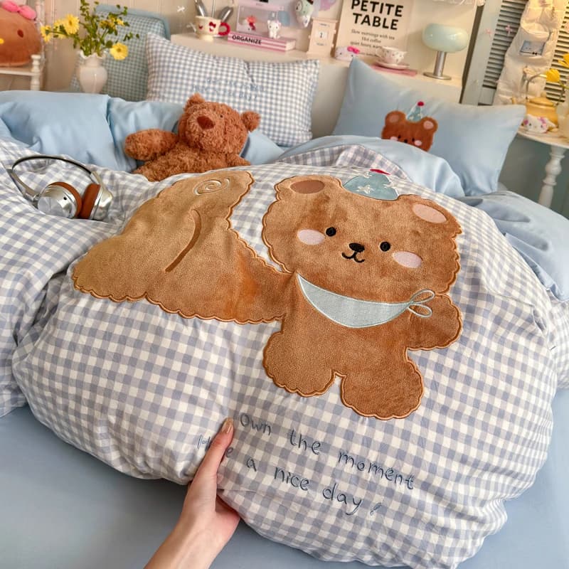 3/4Pcs Child Cartoon Sticker Embroidery Bedding Set Single Queen King Size Duvet Cover Set Bed Sheet Pillowcases