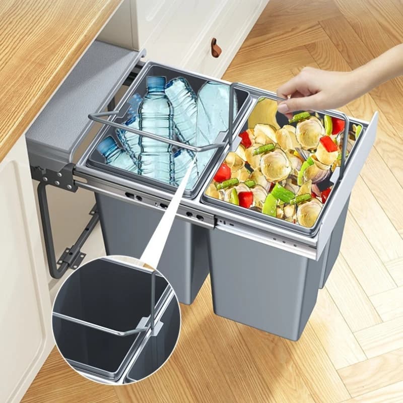 Under Cabinet Kitchen Trash Can Built in Double Bin with Lid for Drawer Hidden Waste Sorting Basket Slide Out Garbage Container