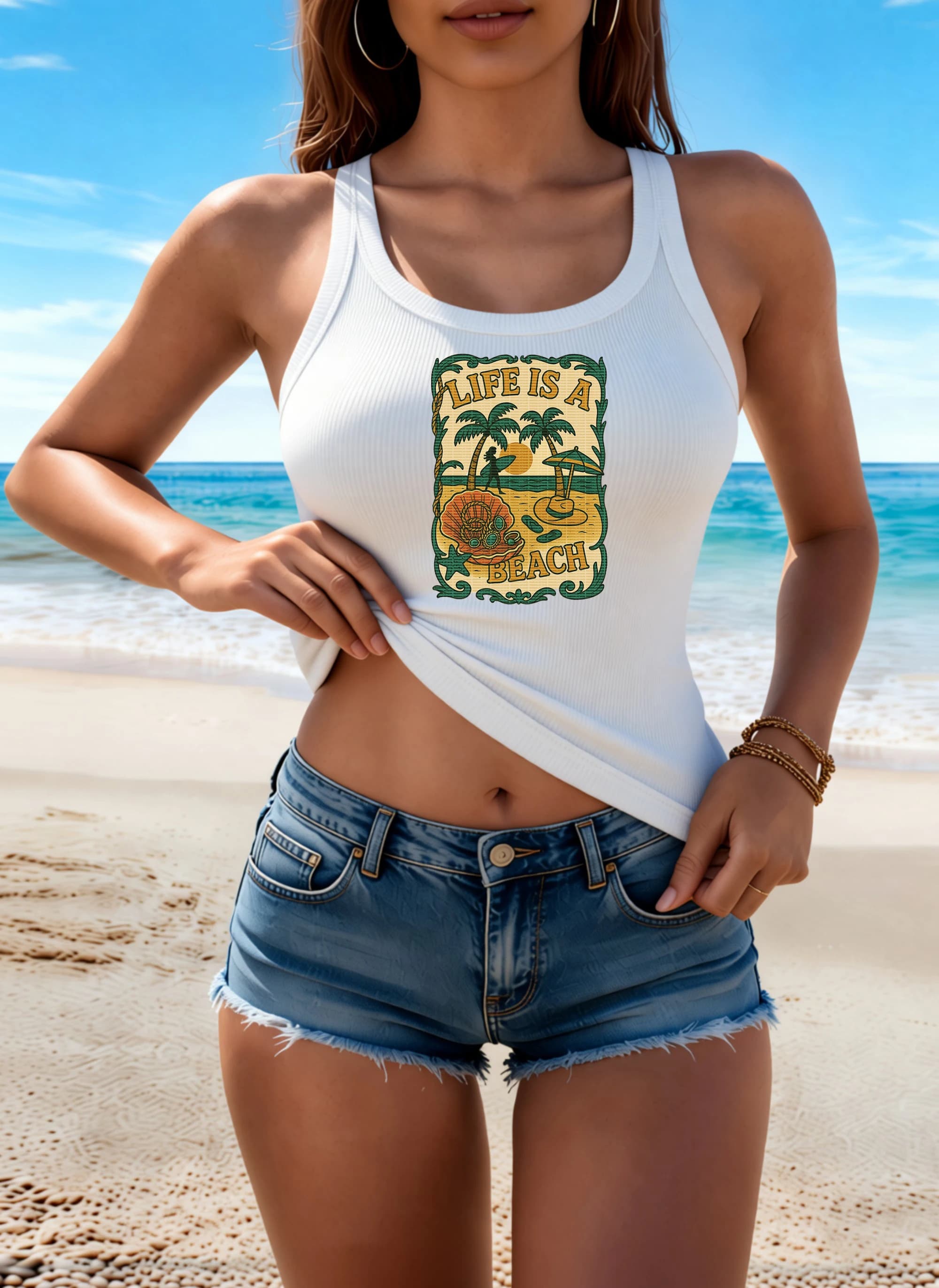 Canotta Estiva da Donna in Cotone con Stampa 'Life Is A Beach' e Motivi di Conchiglie e Palme, Stile Coreano, Comoda e Casual