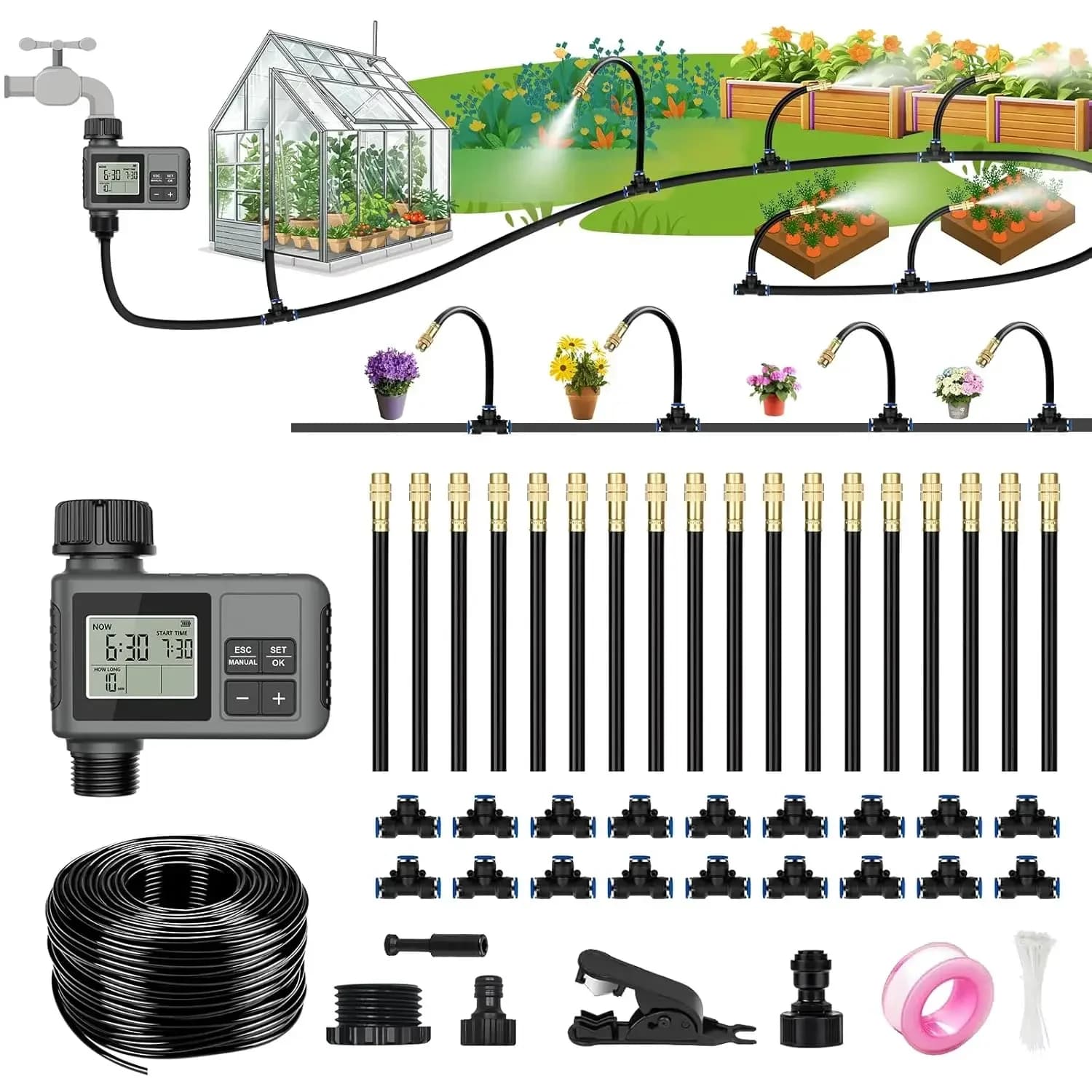 60FT drip irrigation system with timer – Automatic garden irrigation kit with 360° rotation ° Flexible pipe and adjustable nozzles, Smart