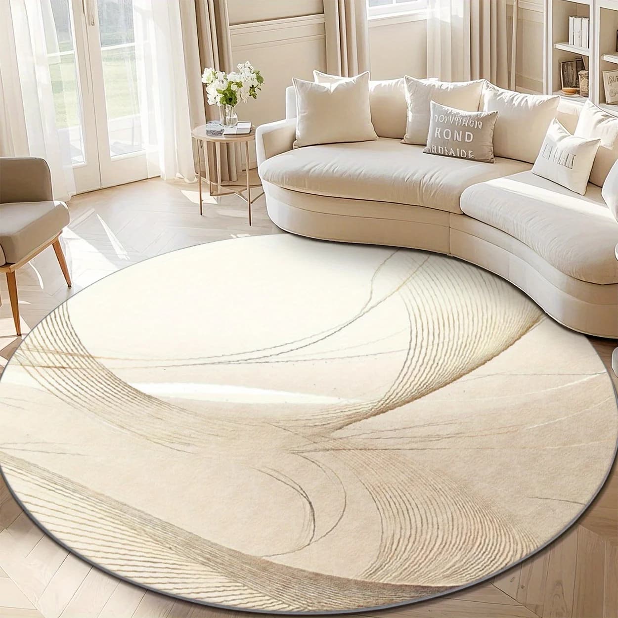 Modern Light Cream Curve Line Circular Area Rug Simple Neutral Abstract Print Anti Slip Round Doormat Wabi Sabi Indoor Sofa Rug
