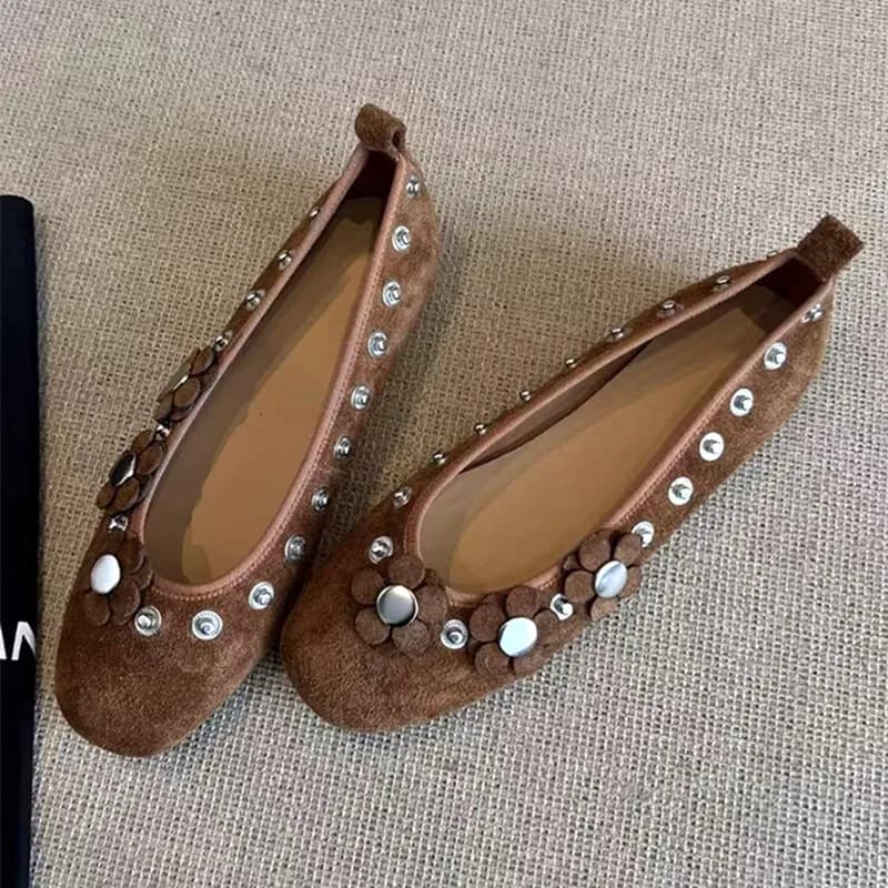 Ballerine da donna con decorazione floreale con bottoni in metallo marrone Mocassini con design in finta pelle scamosciata Scarpe eleganti e comode Mary Jane da donna