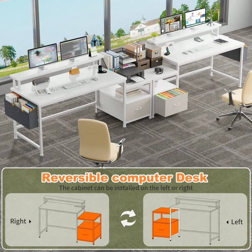 Scrivania per computer con prese di corrente, cassetti, spazio per stampante, schedario, ripiani e supporto per monitor, adatta per ufficio e casa