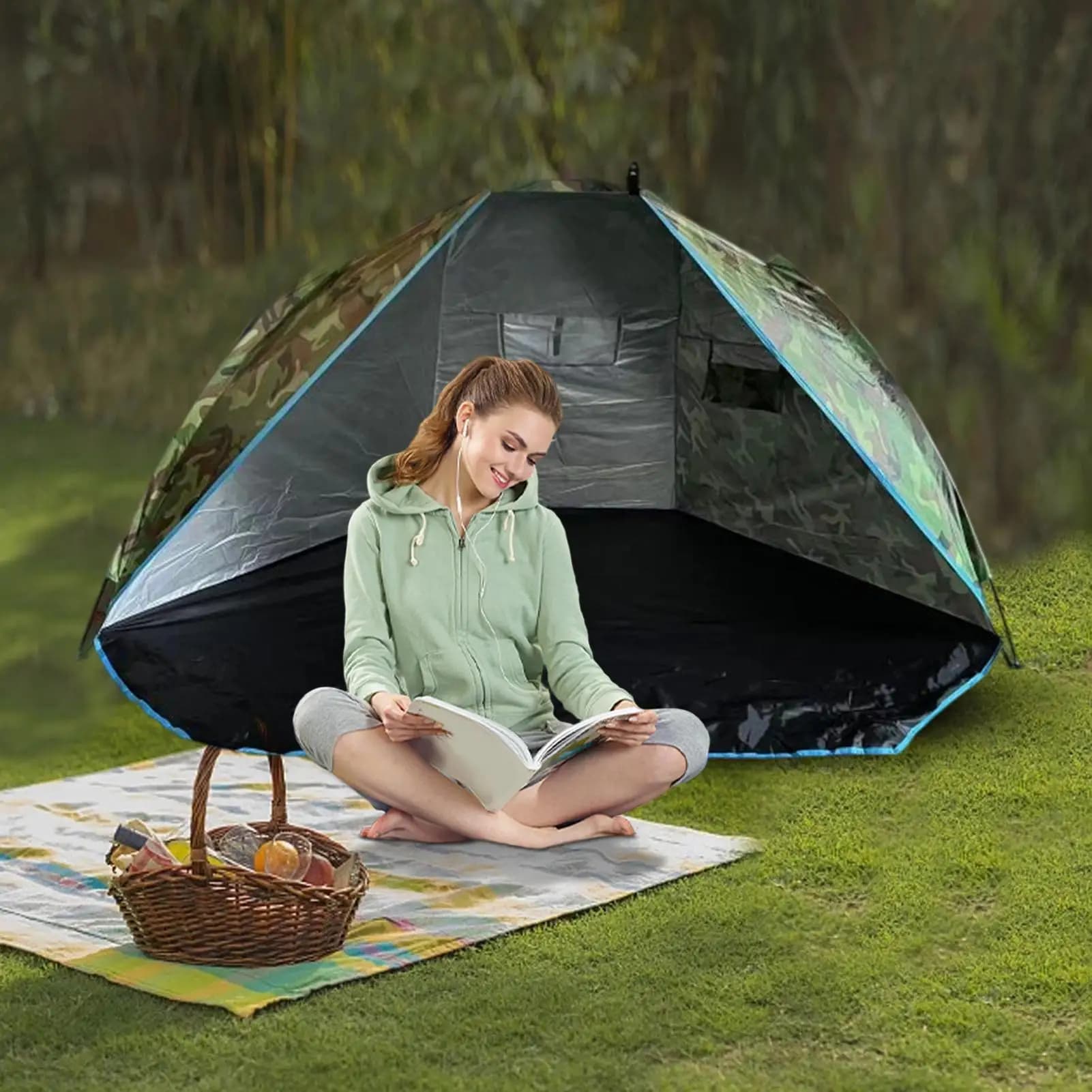 Tenda parasole da spiaggia per esterni con chiodi 220x120x120 cm Riparo da pesca con borsa per il trasporto Protezione solare per sabbia da giardino