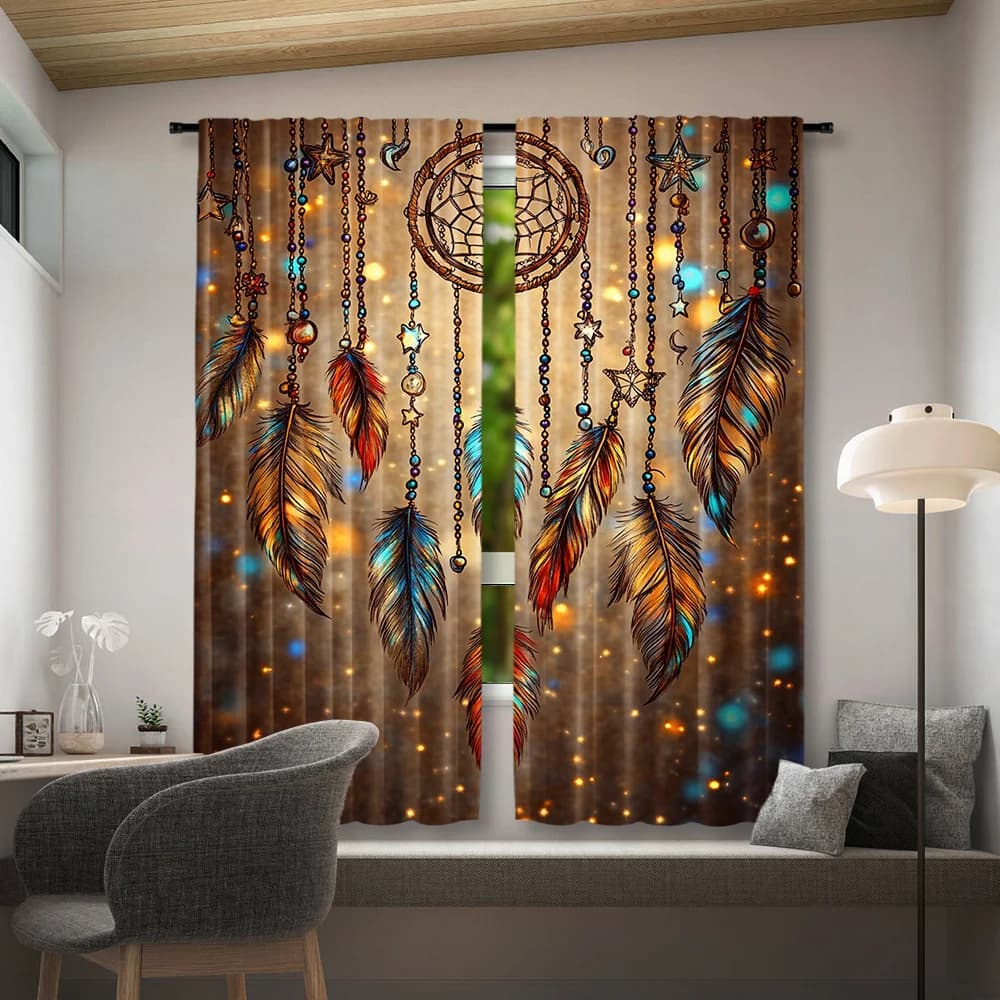 2pcs Boho Feather Curtains Dreamcatcher Print Blackout Drape Living Room Bedroom Window Treatment Home Decor