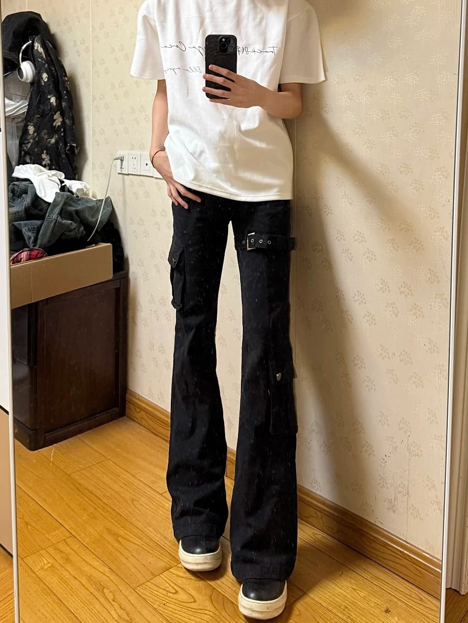 American Vibe Retro Belted Flared Bla Workwear Jeans Men's High-End Slimming Unique Pants Straight Leg Long Trousers