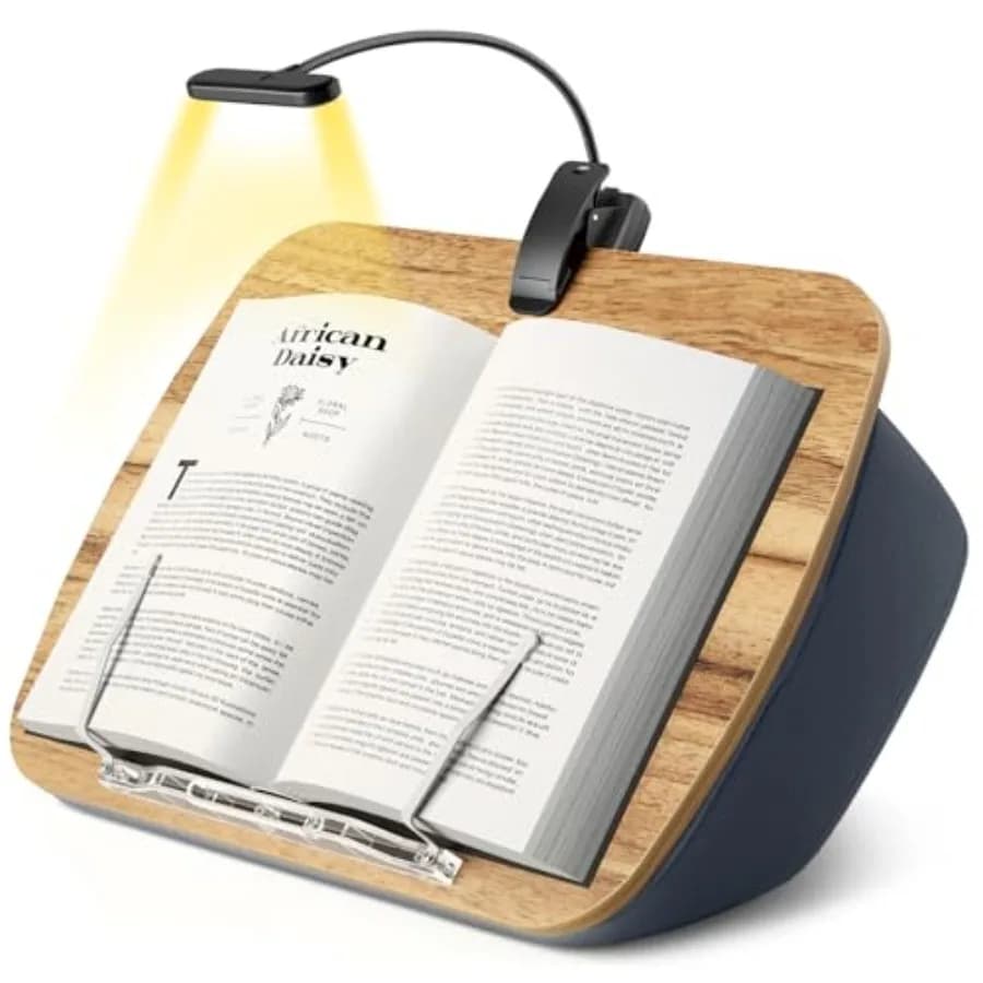 Supporto per Libri con Luce Regolabile a 3 Colori, Lettura Senza Mani, per Letto o Divano, Superficie in Legno, Batterie AAA Richieste