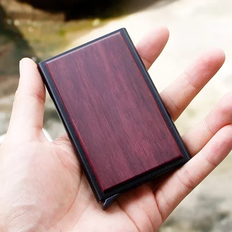 Portafoglio Sottile Antifurto RFID in Alluminio e Legno con Scomparto Pop-Up per Carte di Credito e Debito, per Uomini e Donne